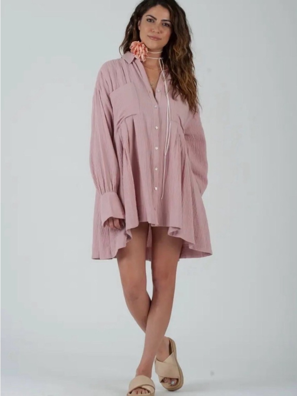 Lucca Oversized Pink Button-Down Shirt Dress